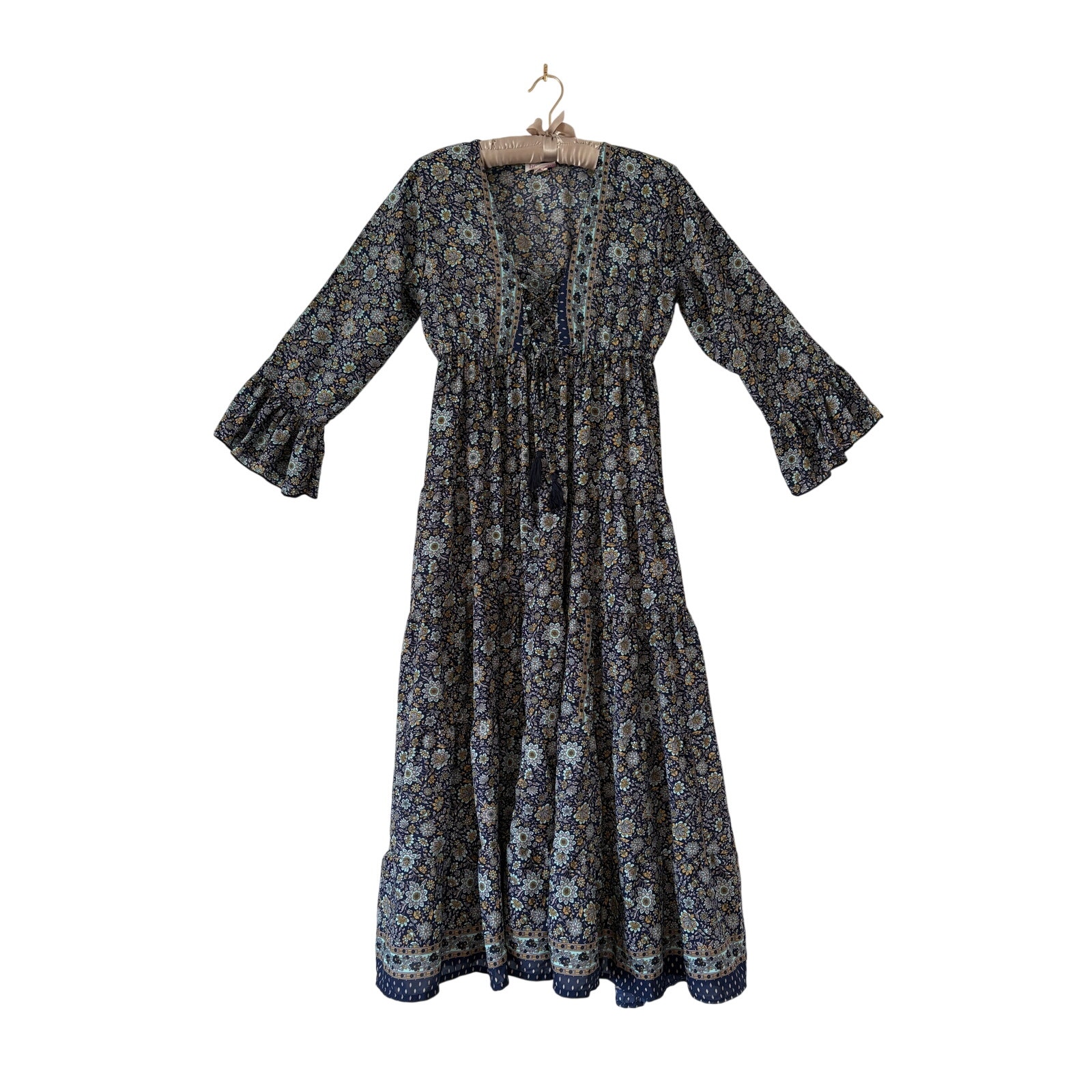 Anthropologie Boemo Navy Blue Floral Prairie Maxi Dress Us Large Petite